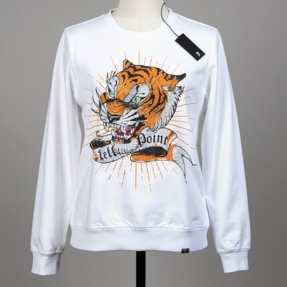 Left Point Rhinestone Tiger Graphic Sweatshirt White NWT Streetwear Small